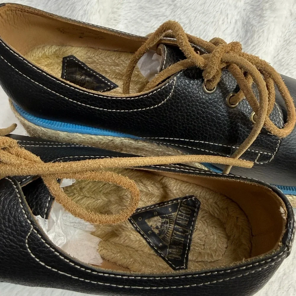 John‎ Fluevog 4 Platform Oxford Shoe Black Espadrille Jute Designer Boho Artsy